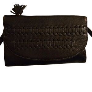 Fossil Black‎ Leather Crossbody Bag Small Credit Card Travel Woven